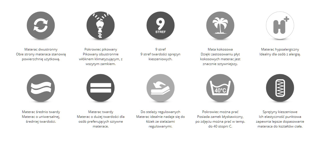 Materac 180x200 Kokos DAKOTA Plus pocket 9 stref